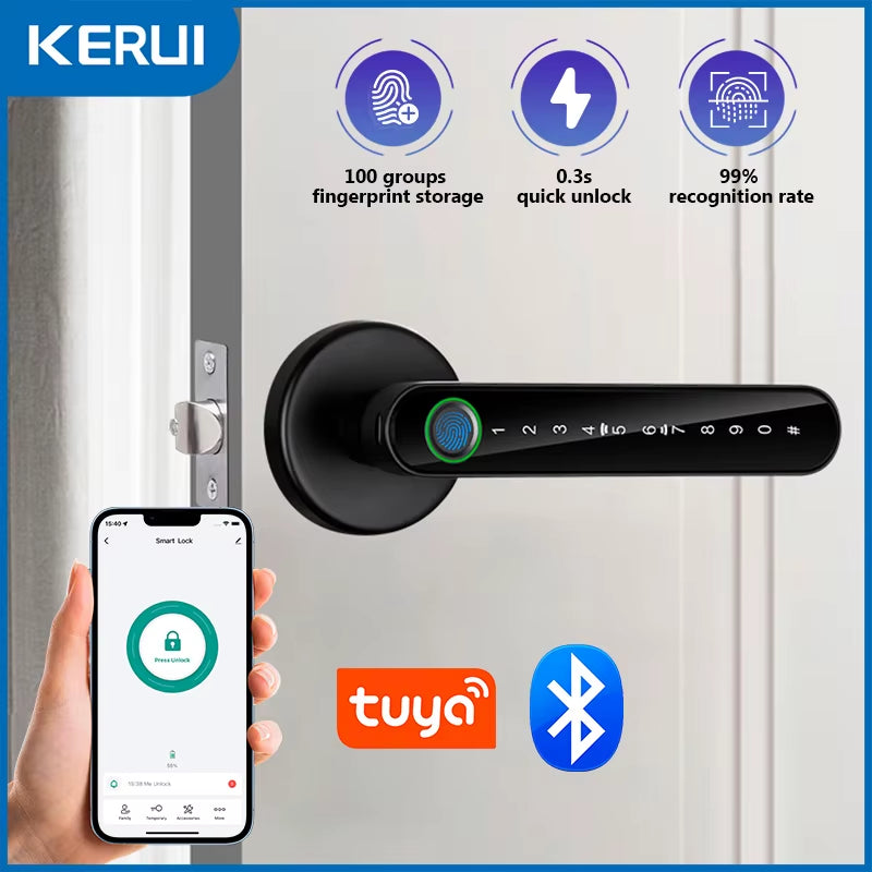 Tuya Smart Fingerprint Electronic Door Lock with Password, Key, Card Unlock, and App Integration