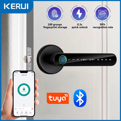 Tuya Smart Fingerprint Electronic Door Lock with Password, Key, Card Unlock, and App Integration