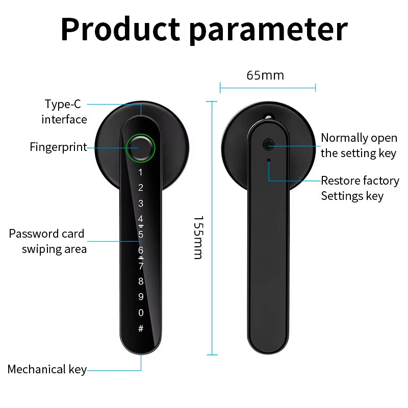 Tuya Smart Fingerprint Electronic Door Lock with Password, Key, Card Unlock, and App Integration
