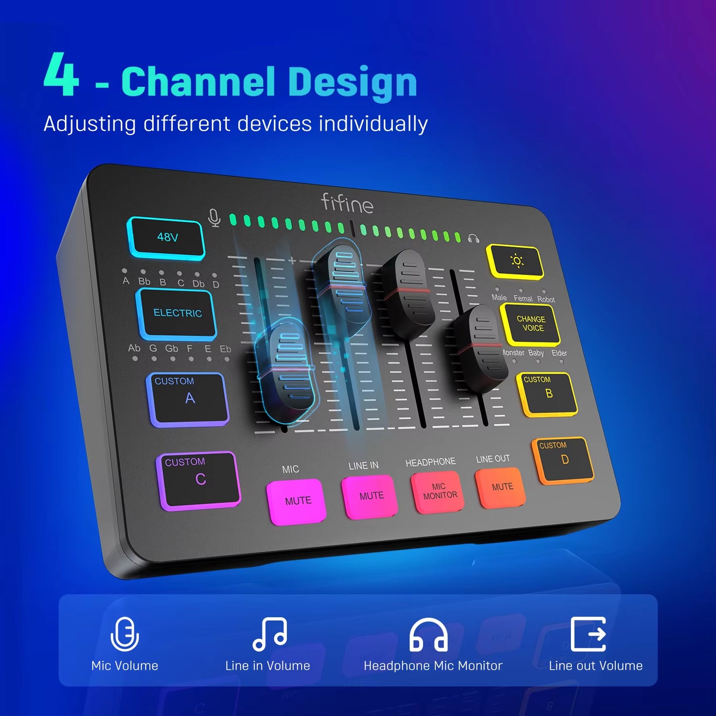 Professional 4-Channel RGB Audio Mixer with XLR Microphone Interface for Gaming, Podcasting, and Streaming - Ampligame SC3