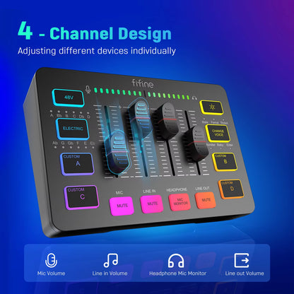 Professional 4-Channel RGB Audio Mixer with XLR Microphone Interface for Gaming, Podcasting, and Streaming - Ampligame SC3